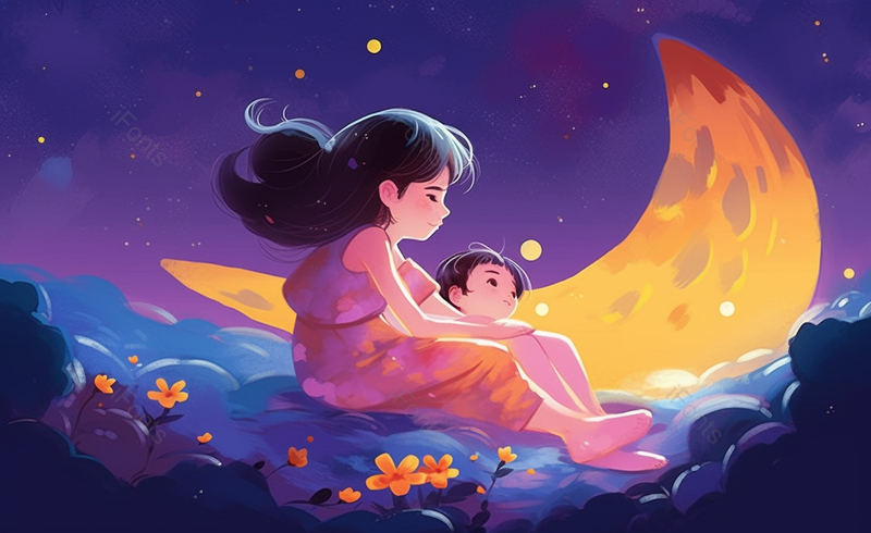 母亲孩子看月亮母亲节手绘插画场景,插画/手绘图,插画/手绘图库,插画/手绘图下载,插画/手绘